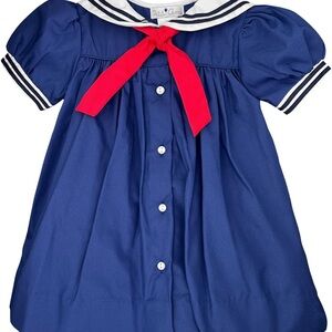 Petit Ami Blue Dress with Red Bow